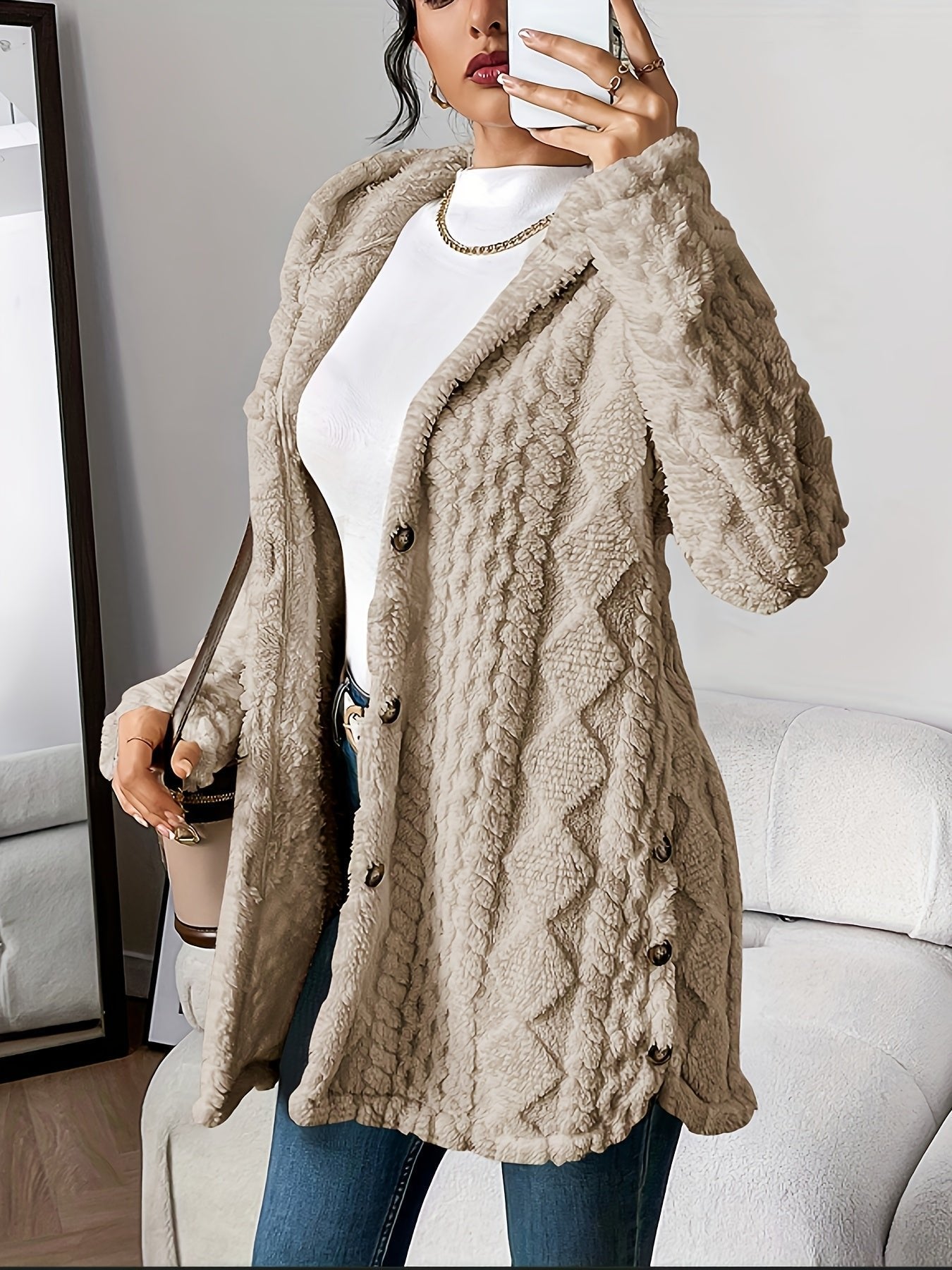 Grace | Women's Plush Hooded Button-Front Long Cardigan