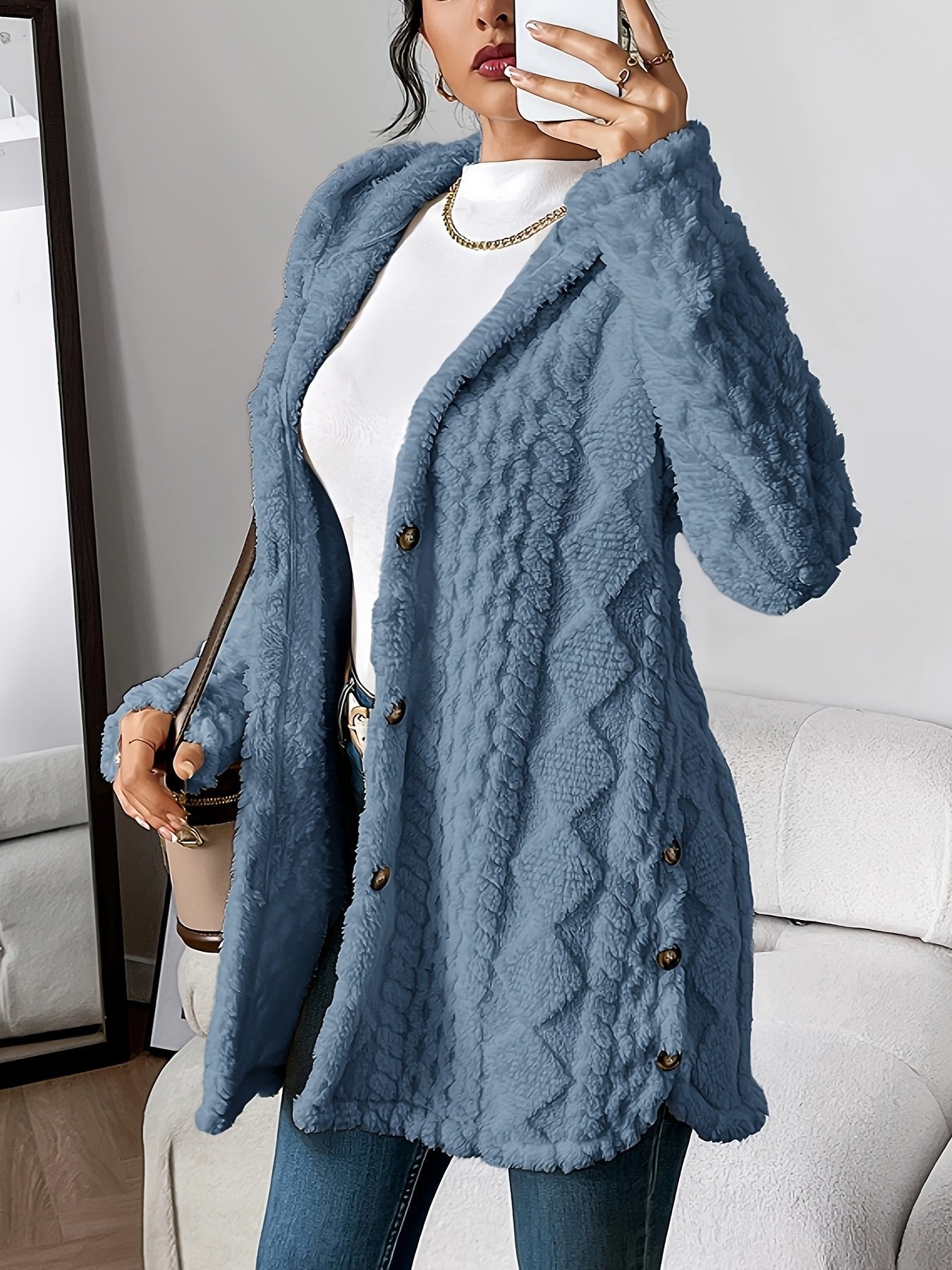 Grace | Women's Plush Hooded Button-Front Long Cardigan