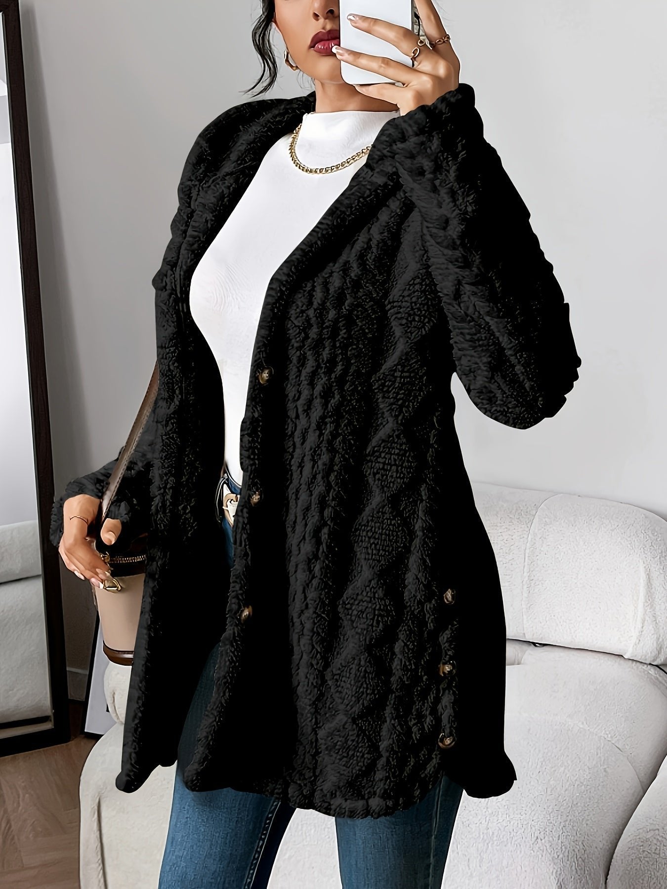 Grace | Women's Plush Hooded Button-Front Long Cardigan