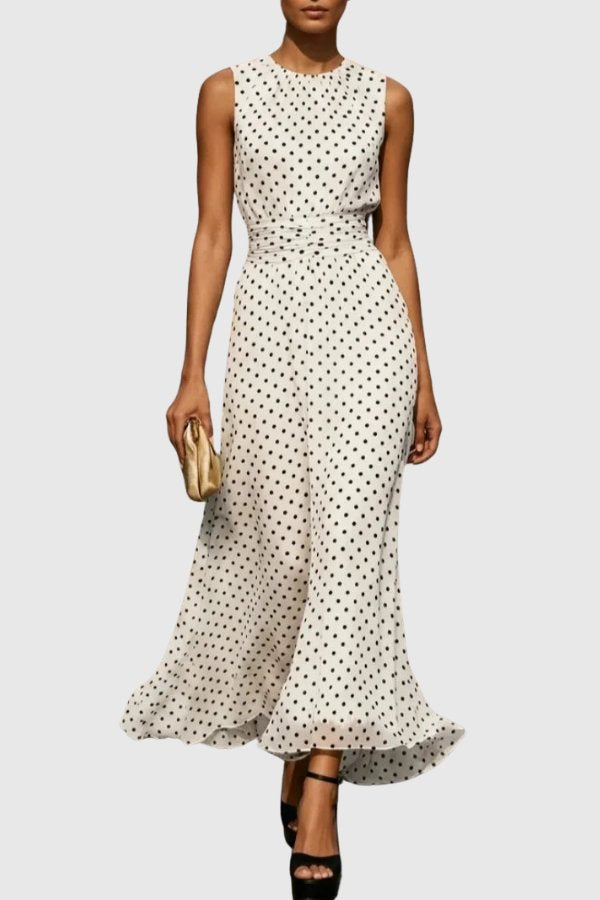 Grace | Women's Polka Dot Sleeveless Ruffle Hem Maxi Evening Gown