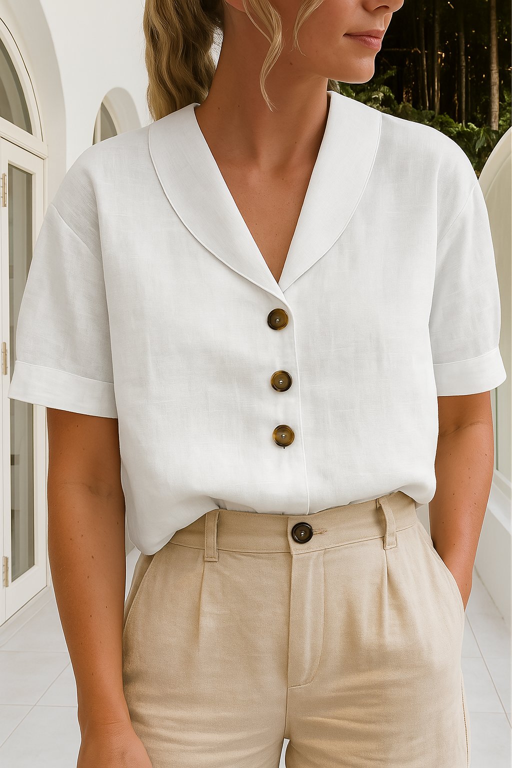 Charlotte | Women's Relaxed-Fit Button-Front Short-Sleeve Collared Blouse