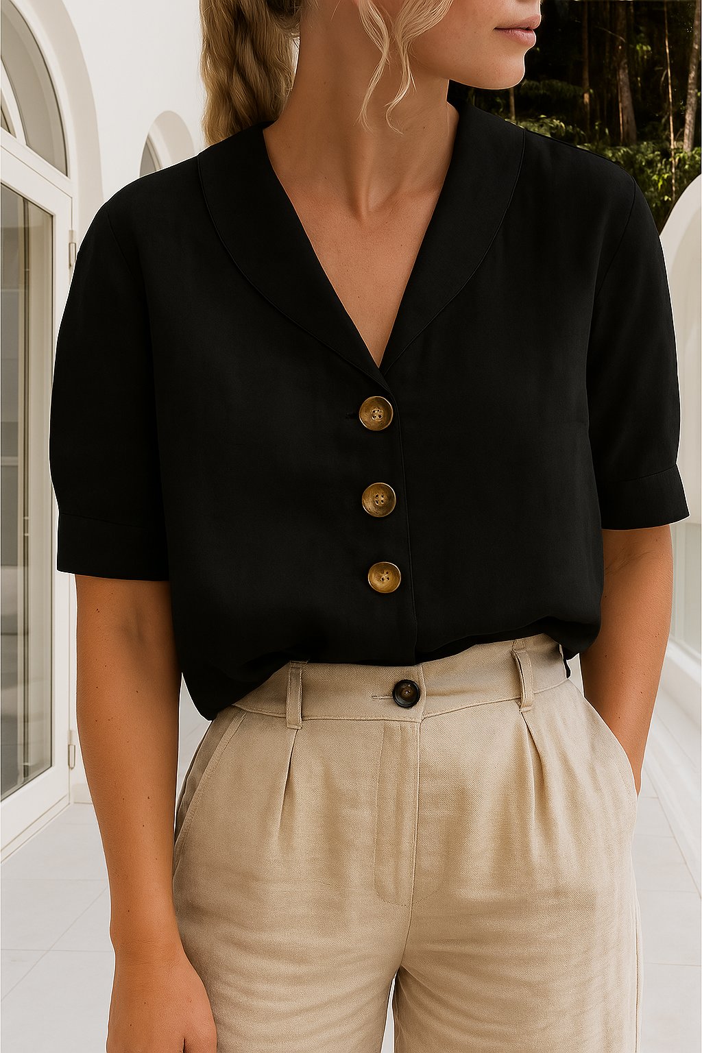 Charlotte | Women's Relaxed-Fit Button-Front Short-Sleeve Collared Blouse