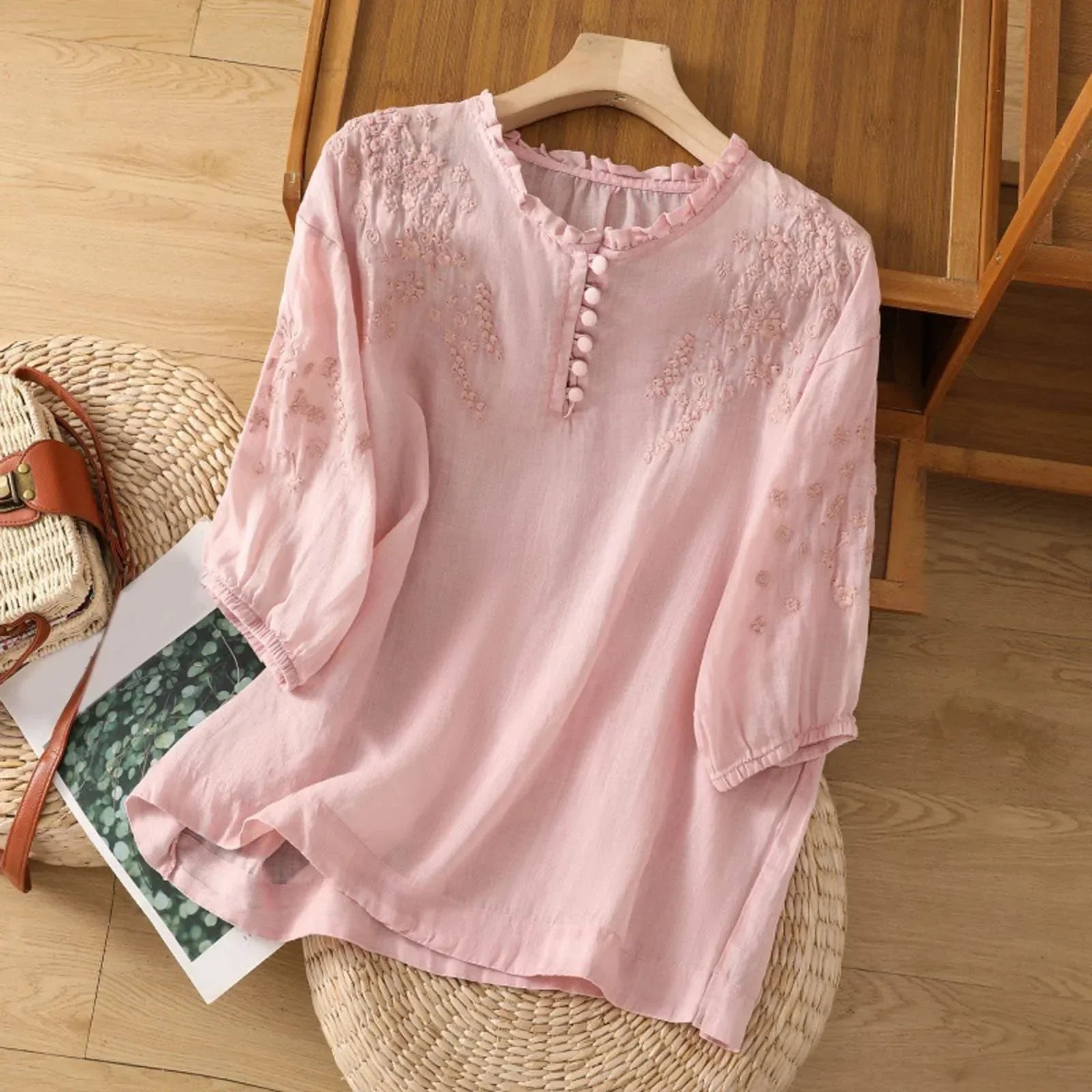 Aria | Women's Relaxed-Fit Floral Embroidered Ruffle-Neck Puff-Sleeve Blouse