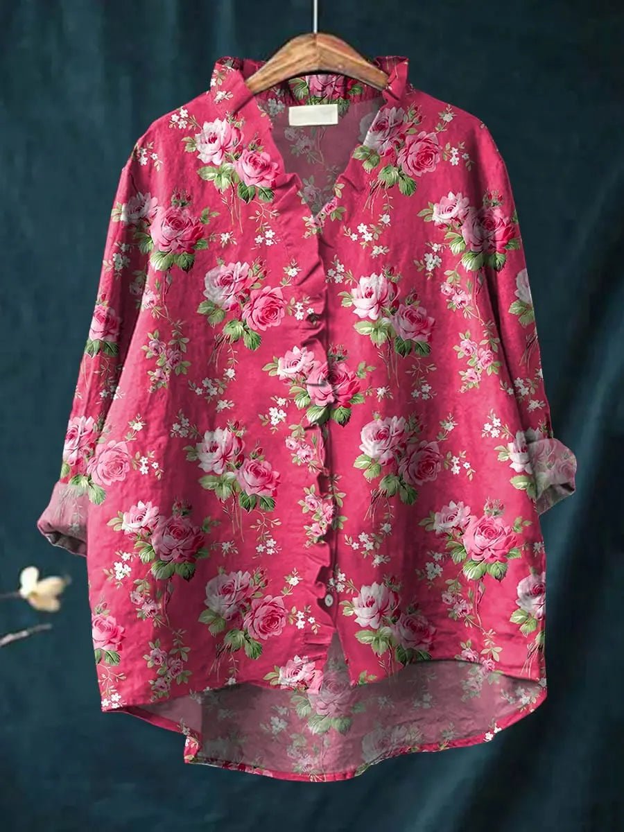 Harper | Women's Relaxed-Fit Floral Ruffle-Trim Linen Button-Down Blouse