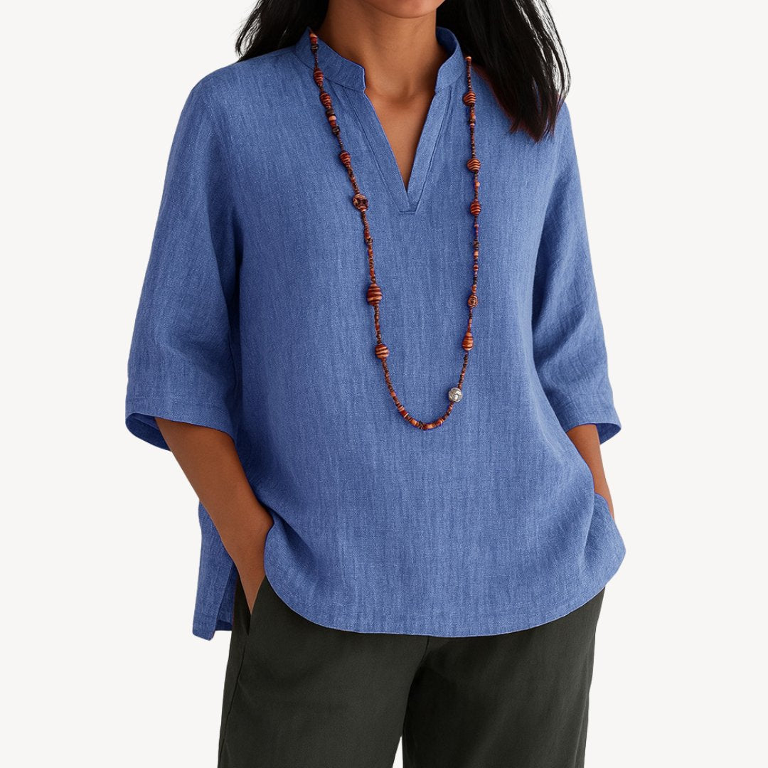 Victoria | Women's Relaxed-Fit Linen 3/4 Sleeve V-Neck Tunic Blouse