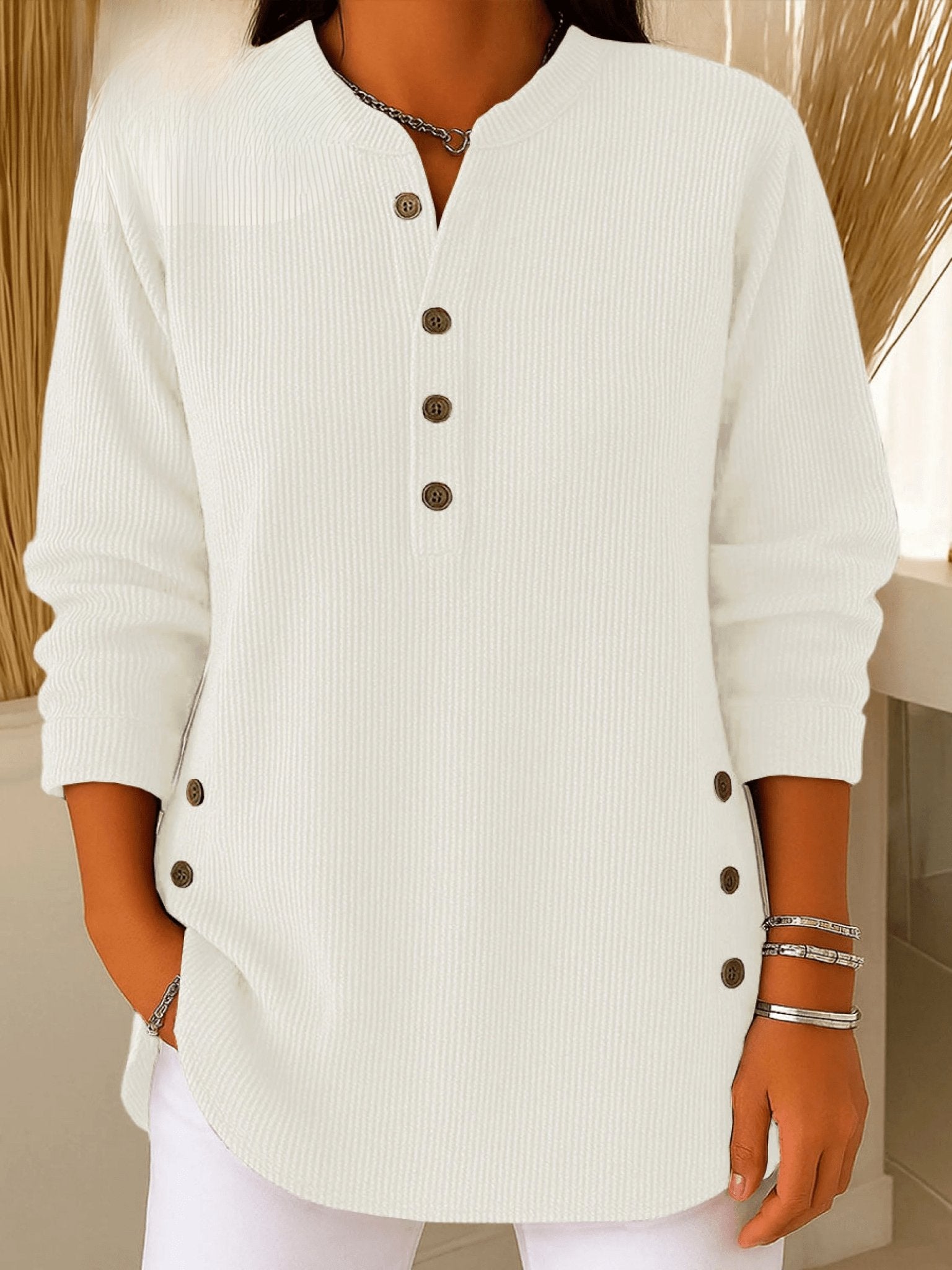 Camila | Women's Relaxed-Fit Longline Henley Ribbed Tunic Top