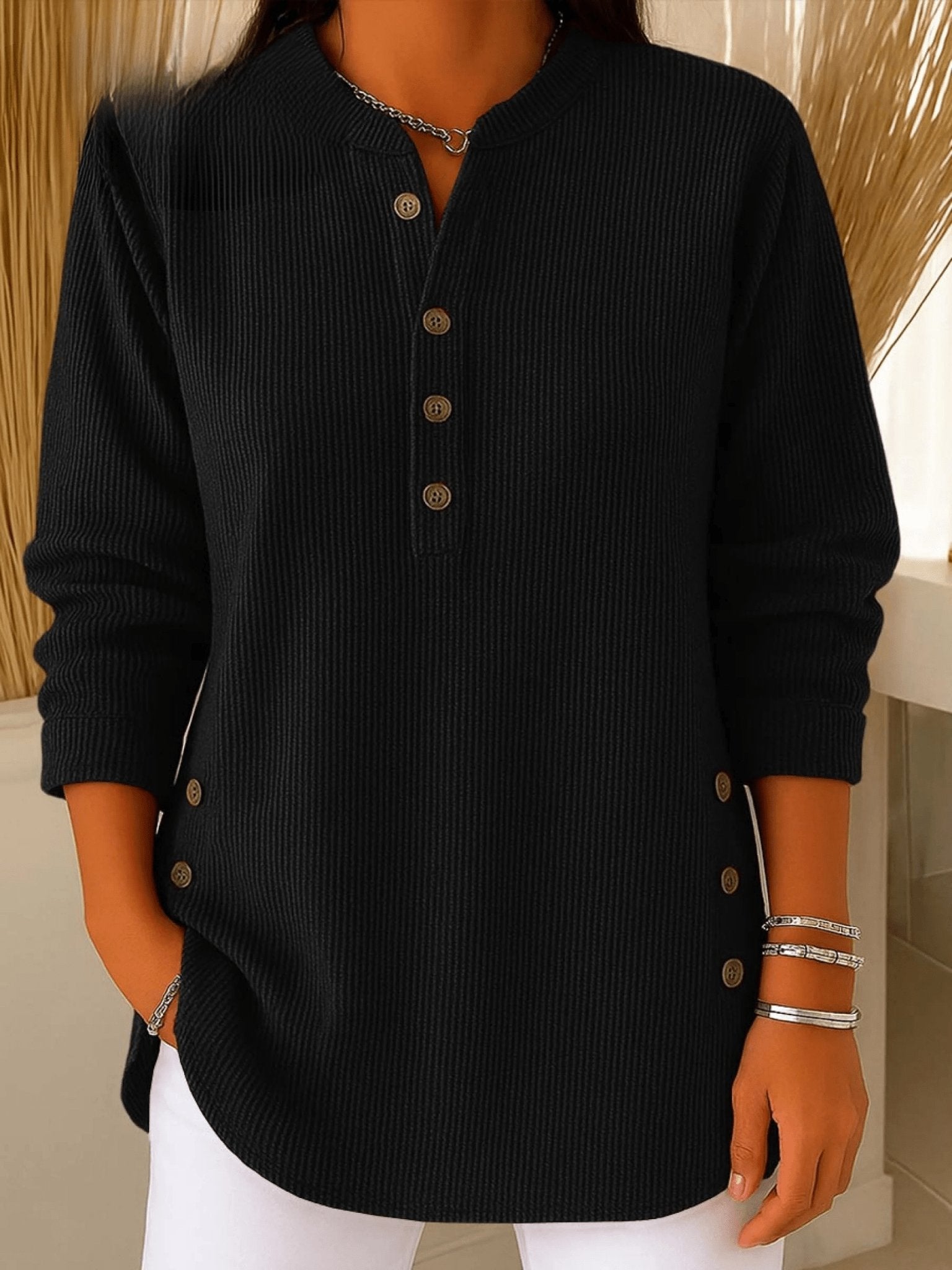 Camila | Women's Relaxed-Fit Longline Henley Ribbed Tunic Top