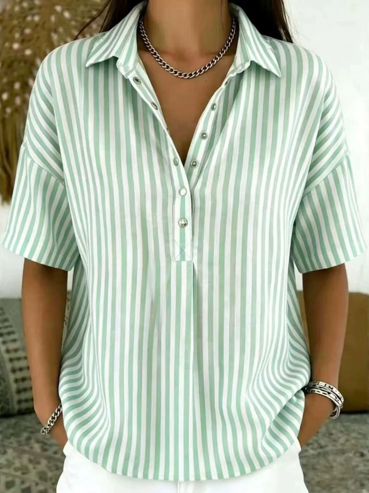 Penelope | Women's Relaxed-Fit Striped Collared Half-Button Blouse