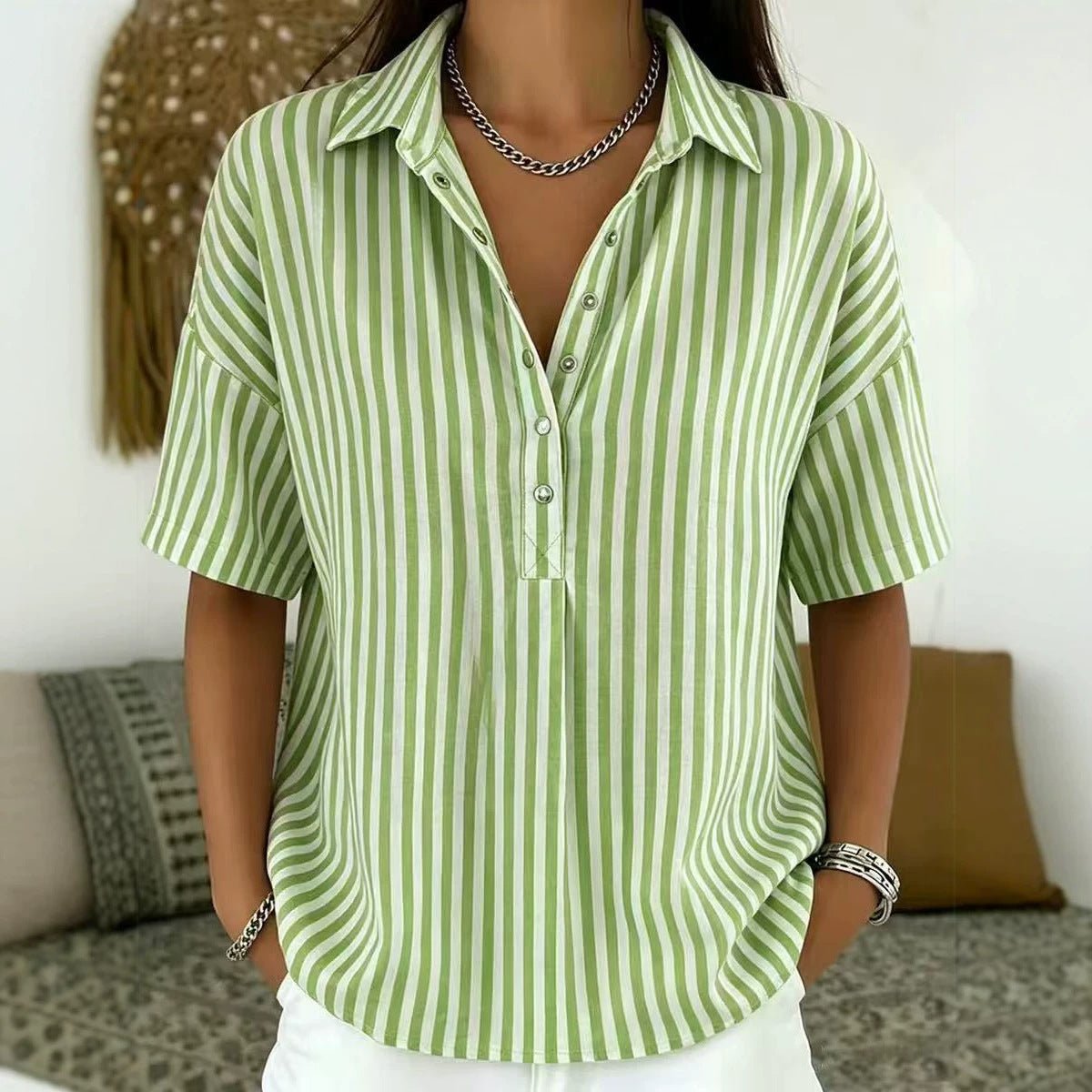 Penelope | Women's Relaxed-Fit Striped Collared Half-Button Blouse