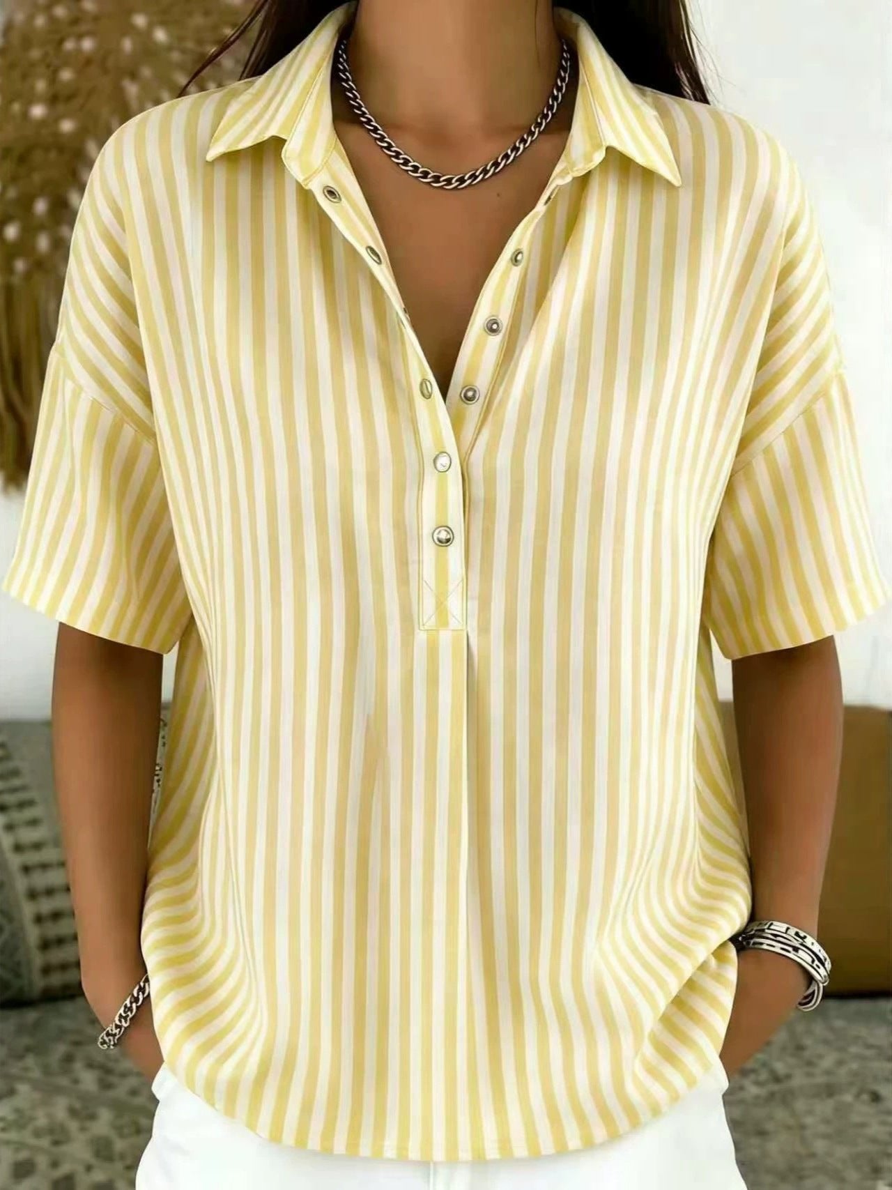 Penelope | Women's Relaxed-Fit Striped Collared Half-Button Blouse