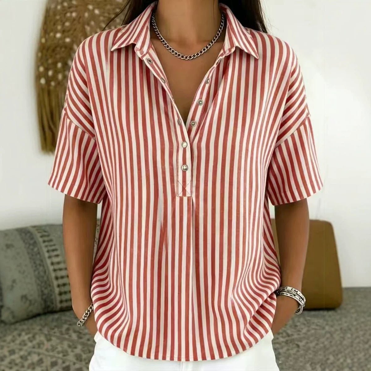 Penelope | Women's Relaxed-Fit Striped Collared Half-Button Blouse