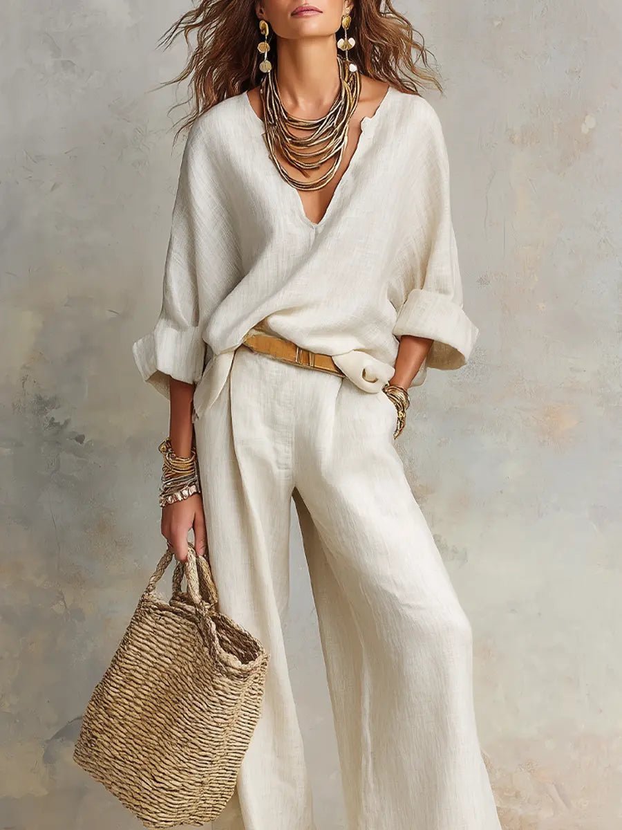 Harper | Women's Relaxed V-Neck Linen Two-Piece Wide Leg Pants Set