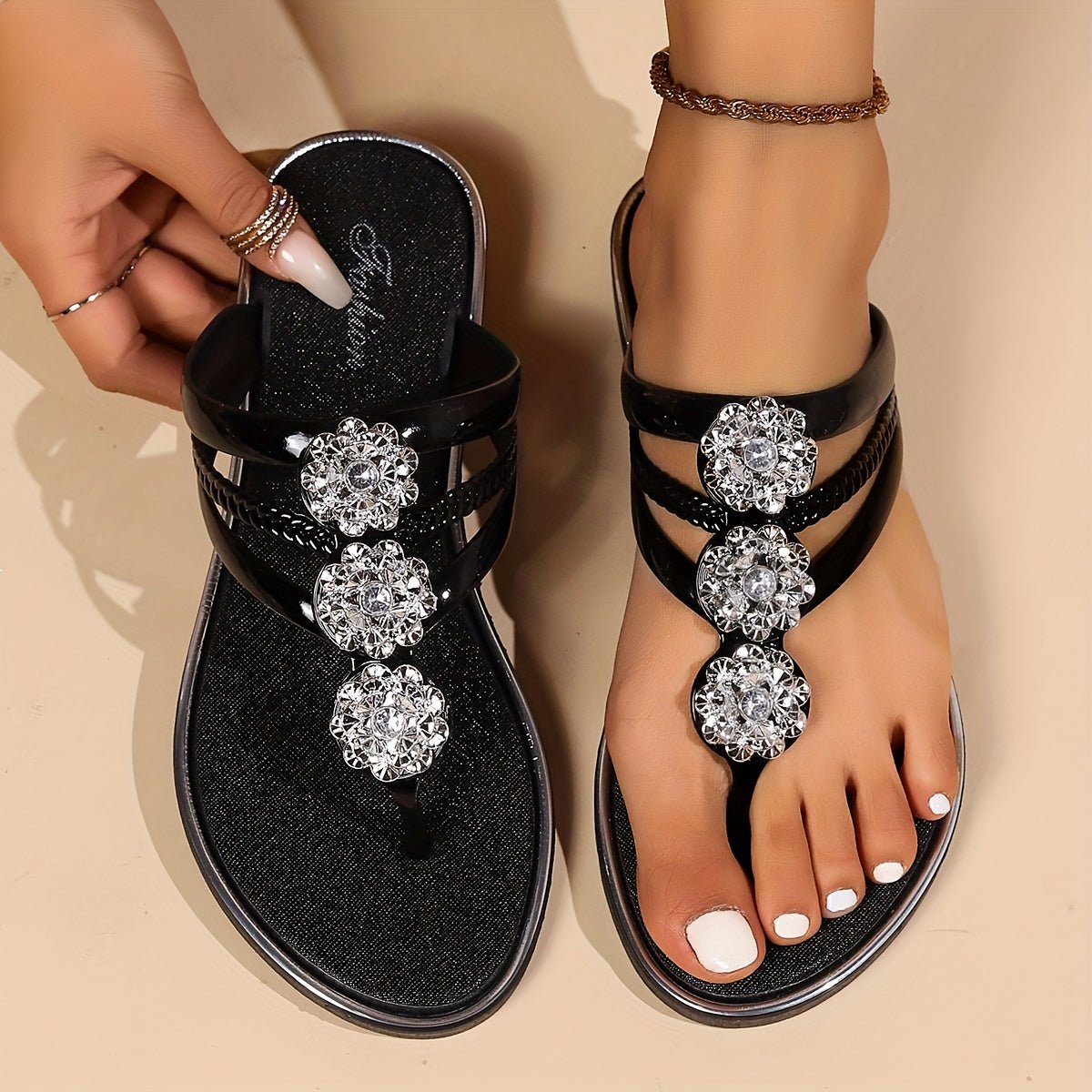 Harper | Women's Rhinestone T-Strap Flat Sandals Slip-On