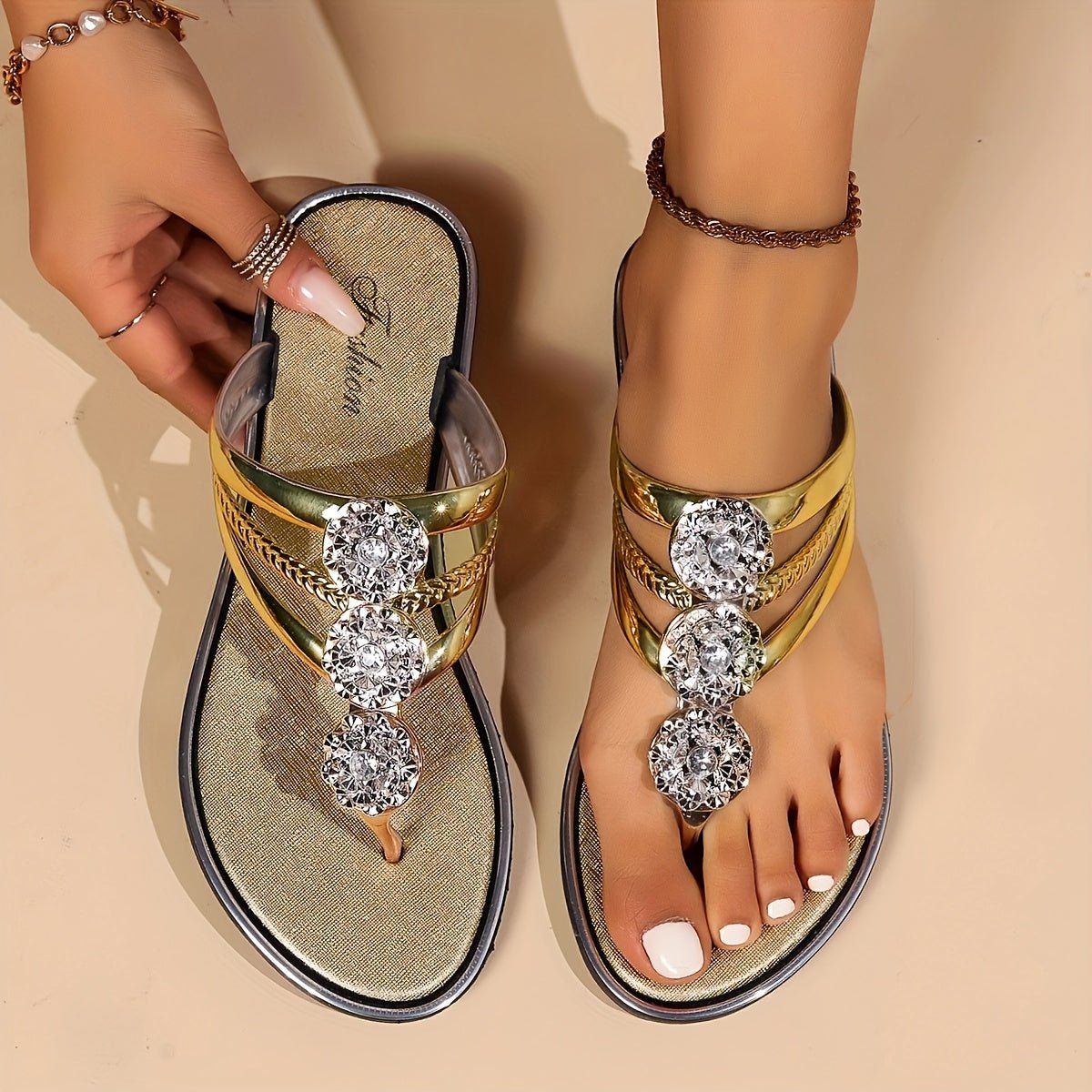 Harper | Women's Rhinestone T-Strap Flat Sandals Slip-On
