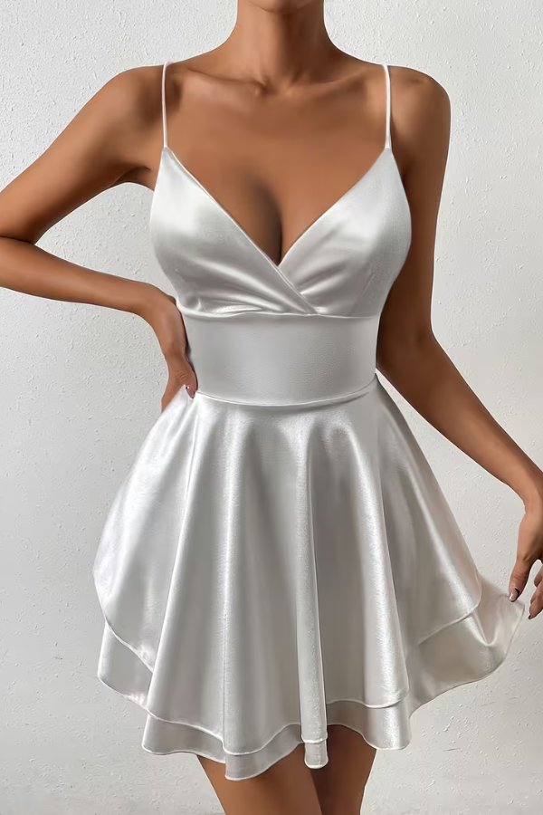 Mia | Women's Satin Open-Back Mini Cocktail Dress V-Neck Pleated Skater