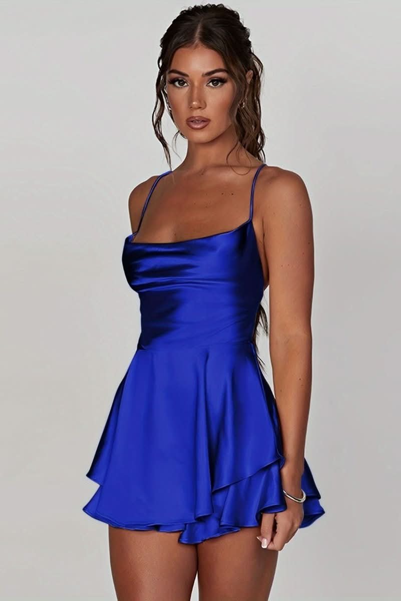 Luna | Women's Satin Square-Neck Ruffle-Skirt Mini Cocktail Dress