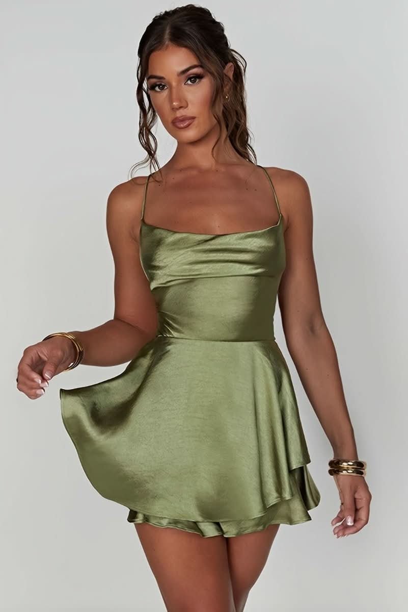 Luna | Women's Satin Square-Neck Ruffle-Skirt Mini Cocktail Dress