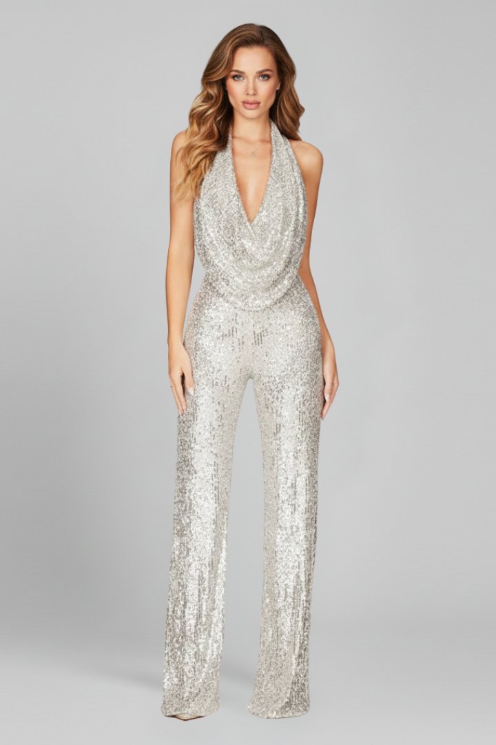 Sophia | Women's Sequin Halter Cowl-Neck Wide Leg Pants Jumpsuit