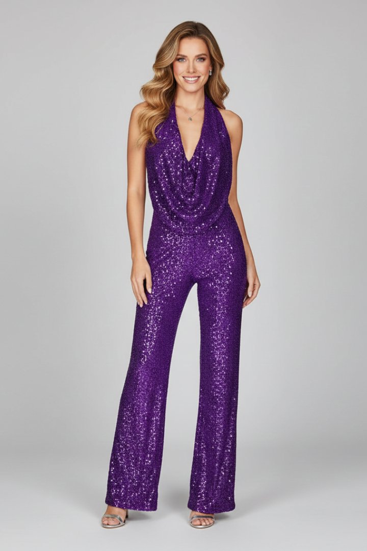 Sophia | Women's Sequin Halter Cowl-Neck Wide Leg Pants Jumpsuit