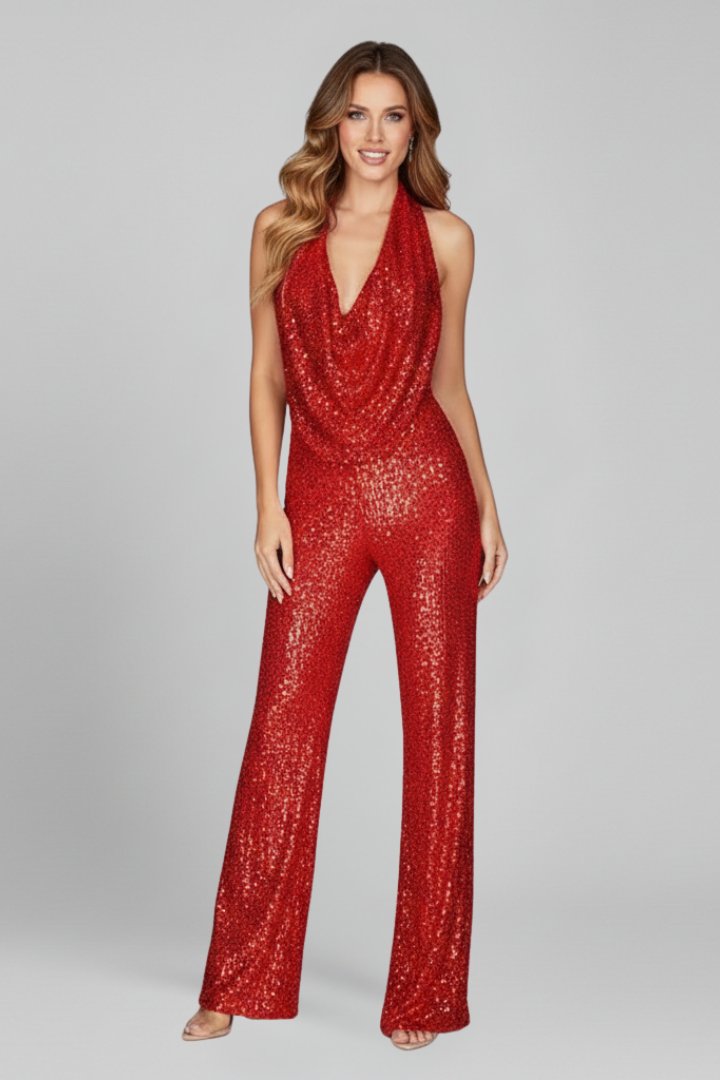 Sophia | Women's Sequin Halter Cowl-Neck Wide Leg Pants Jumpsuit