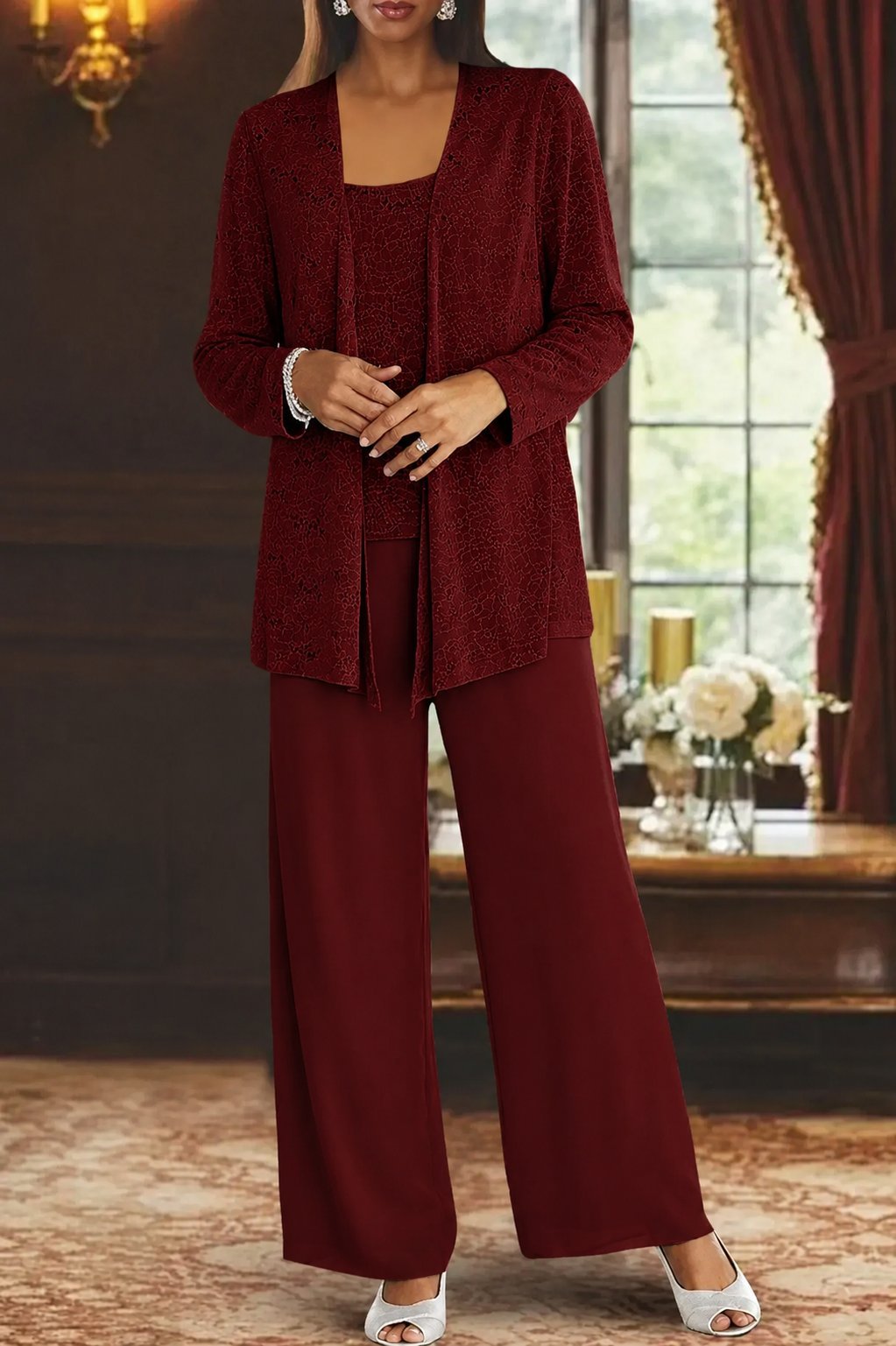 Luna | Women's Sequined Three-Piece Wide Leg Pants Suit Long Sleeve