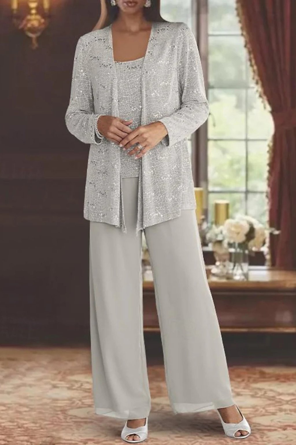 Luna | Women's Sequined Three-Piece Wide Leg Pants Suit Long Sleeve