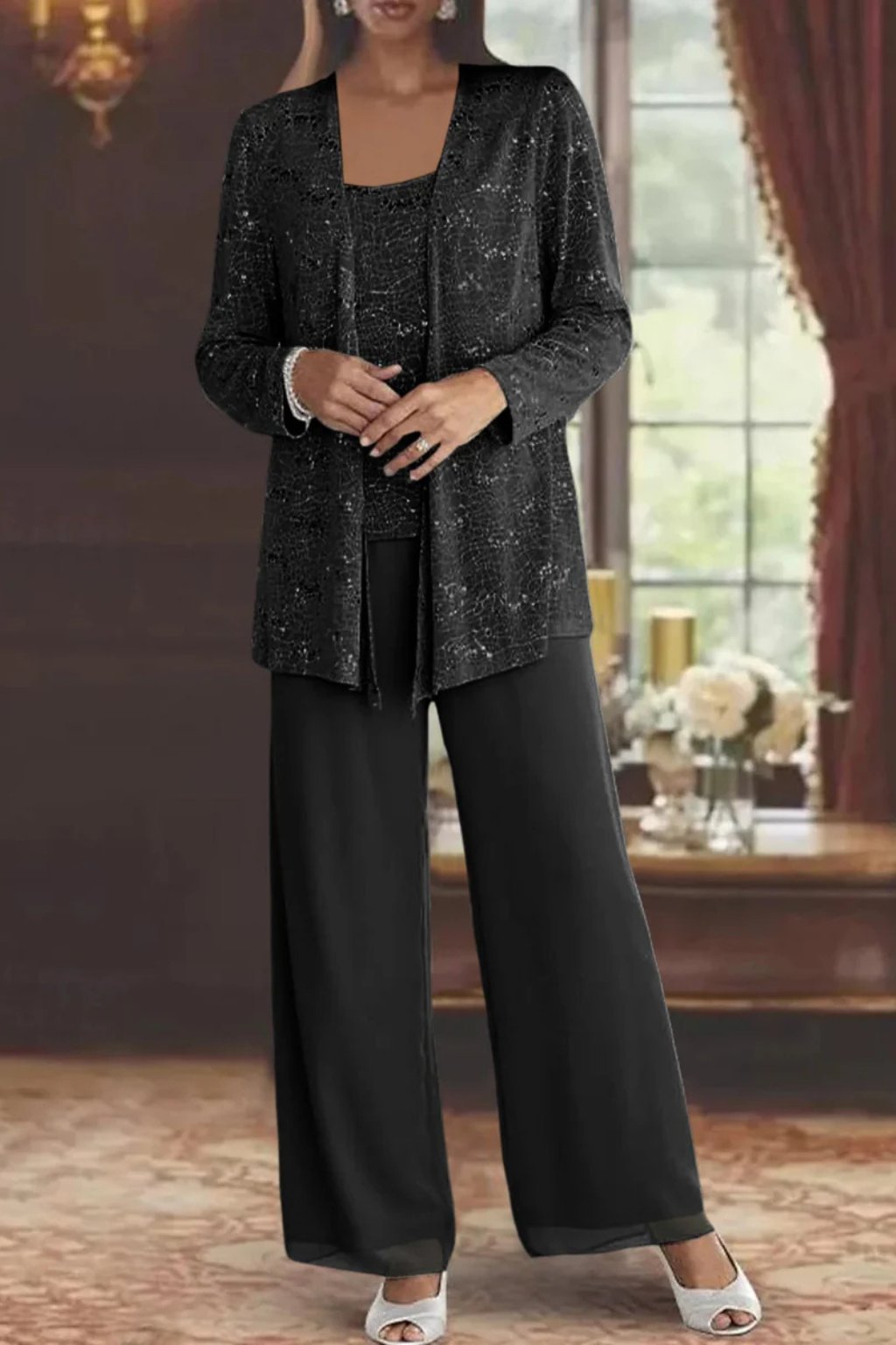 Luna | Women's Sequined Three-Piece Wide Leg Pants Suit Long Sleeve