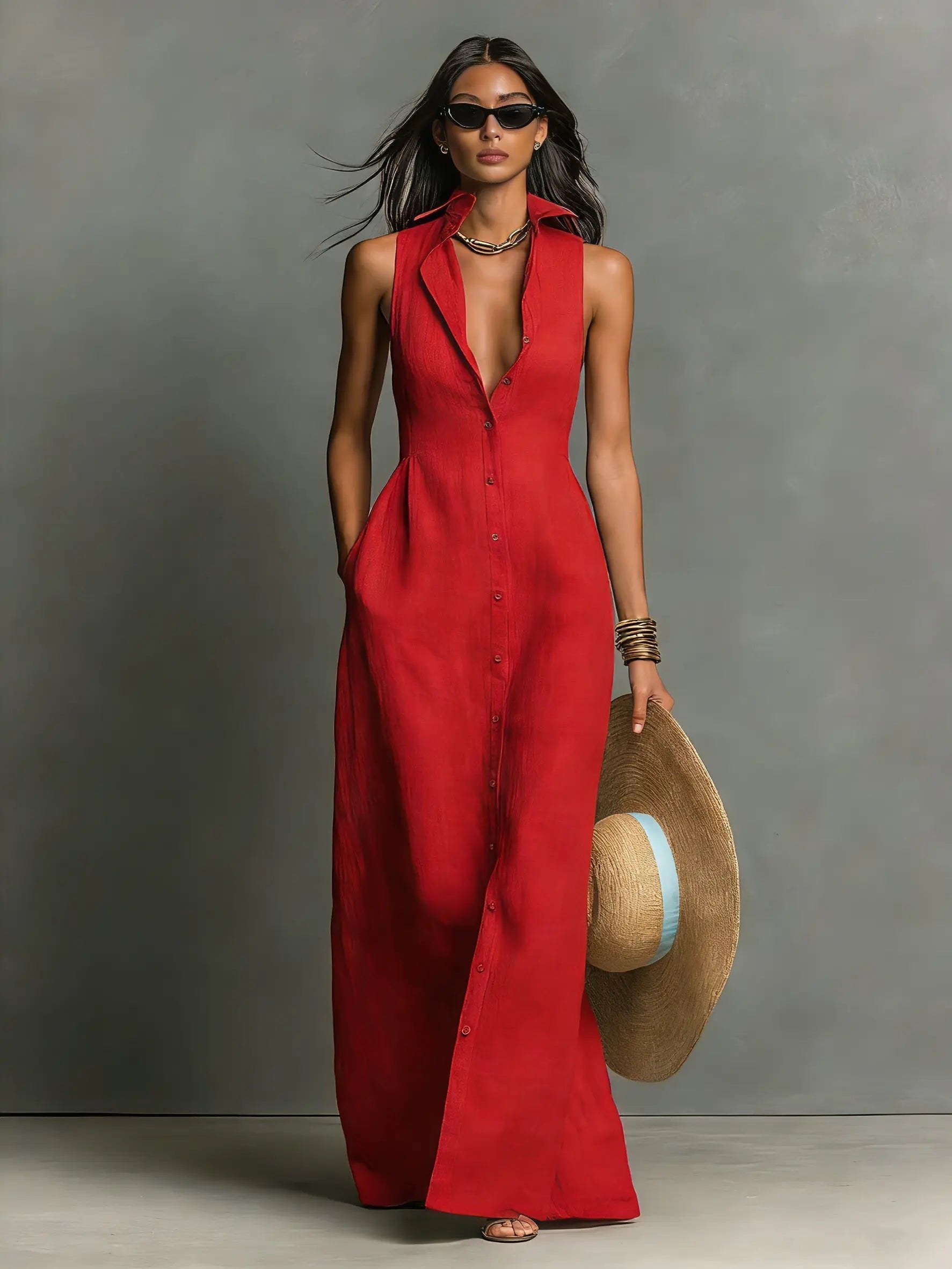 Penelope | Women's Sleeveless Collared Linen Button-Front Maxi Dress