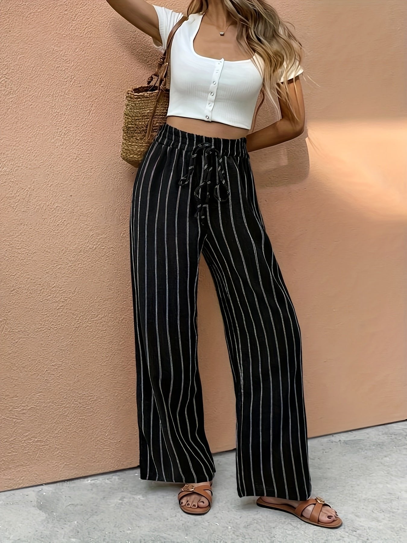 Mia | Women's Striped High-Waist Drawstring Wide Leg Pants
