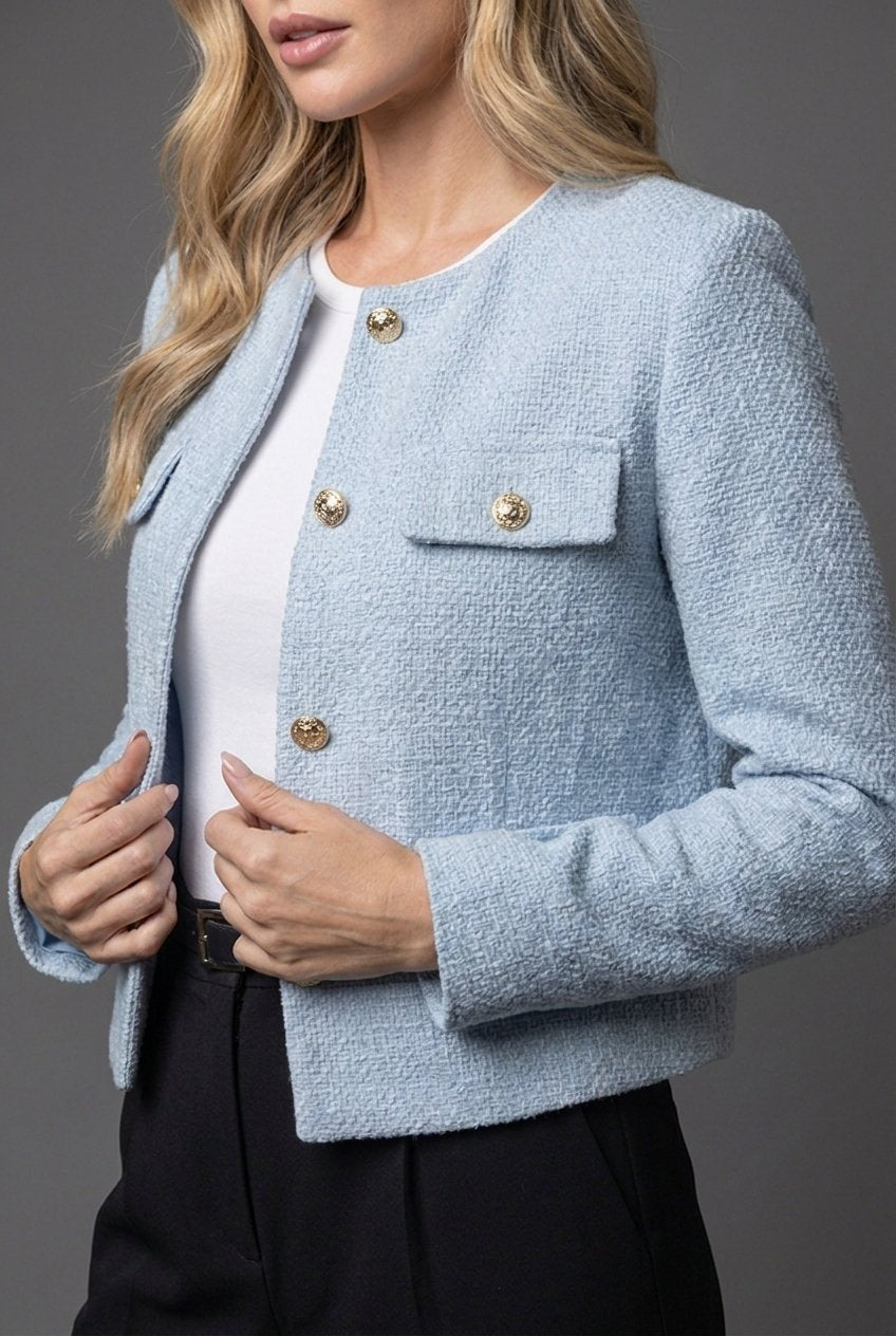 Victoria | Women's Tweed Cropped Blazer Round Neck Gold Buttons