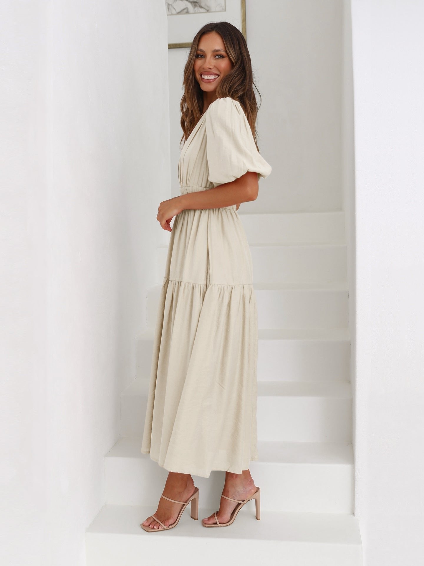 Eleanor | Women's V-Neck Puff Sleeve Midi Dress Smocked Waist
