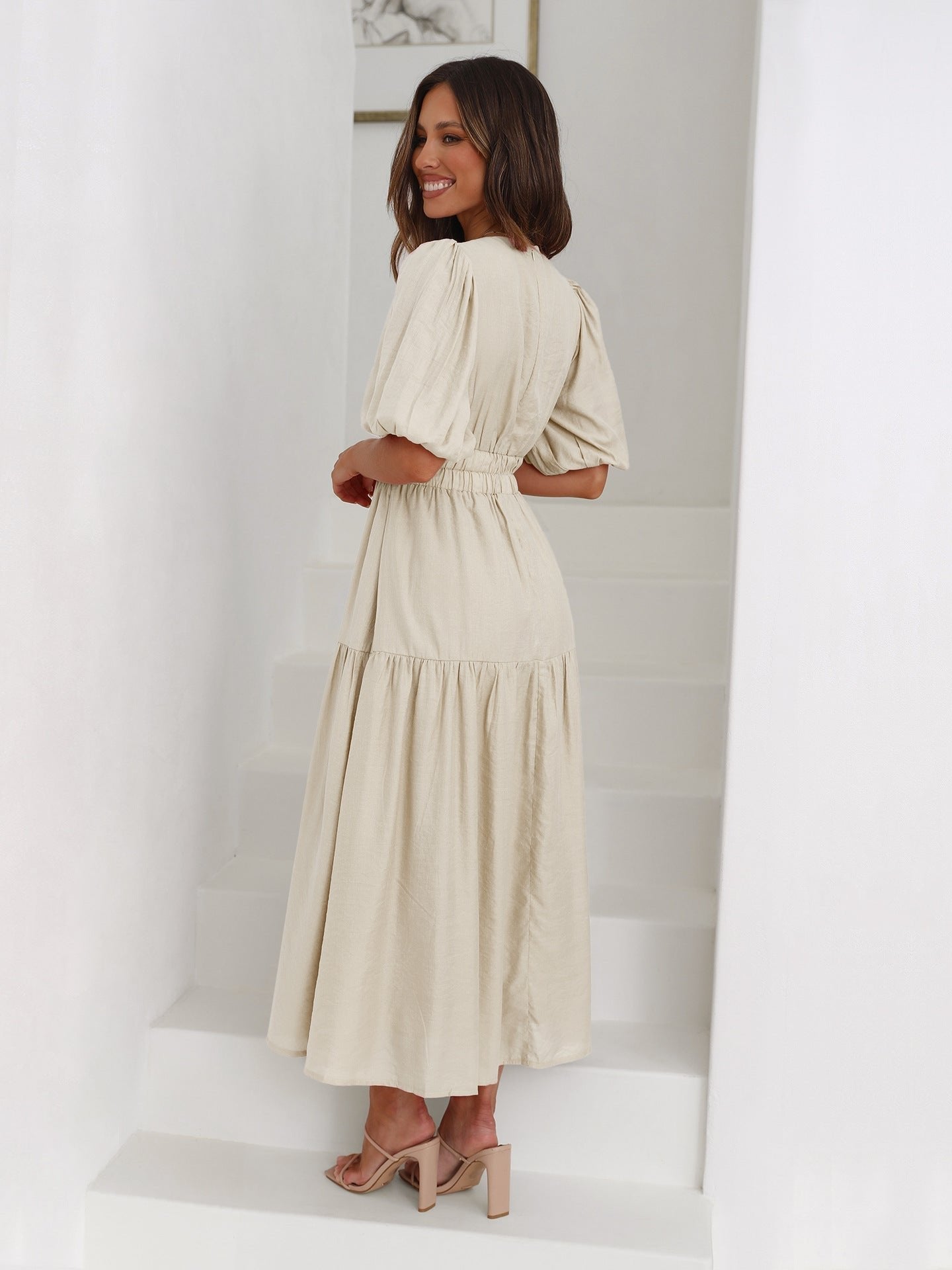 Eleanor | Women's V-Neck Puff Sleeve Midi Dress Smocked Waist