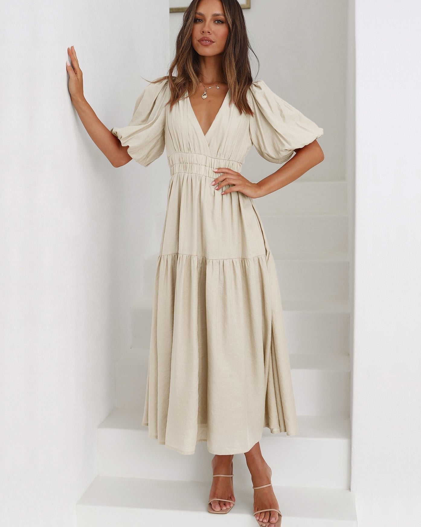 Eleanor | Women's V-Neck Puff Sleeve Midi Dress Smocked Waist