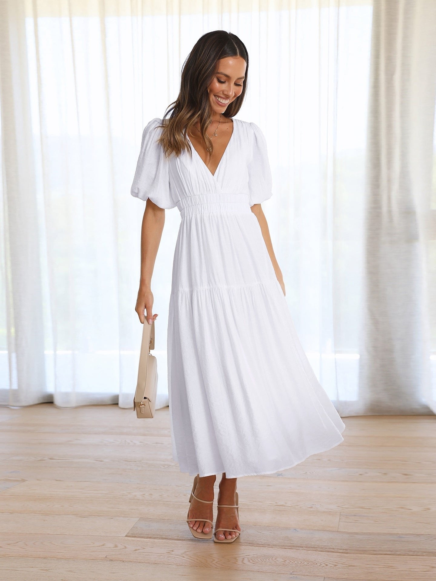 Eleanor | Women's V-Neck Puff Sleeve Midi Dress Smocked Waist