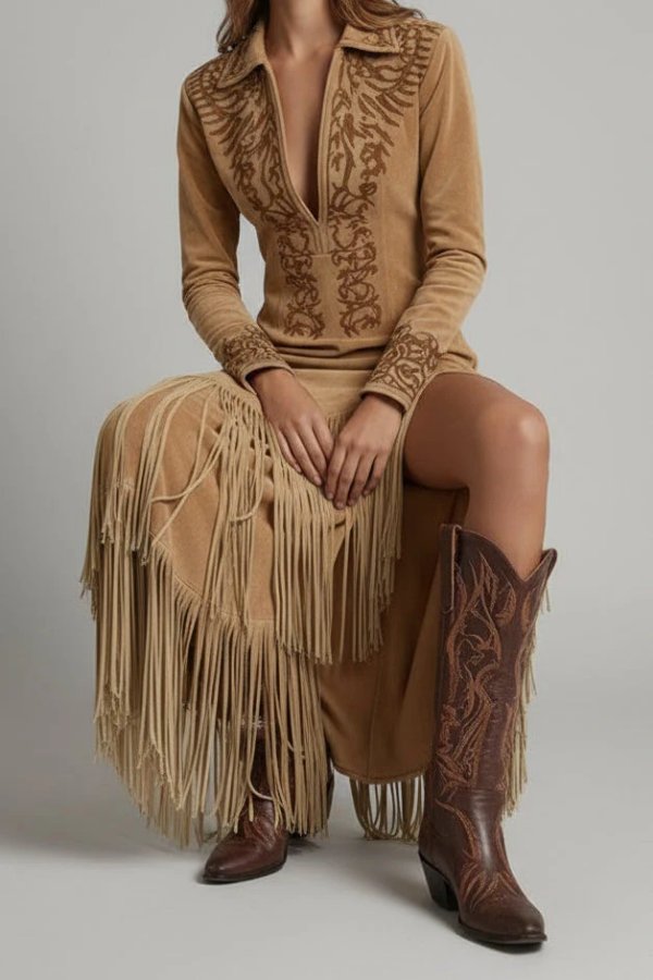 Isabella | Women's Western Fringe Long-Sleeve Evening Gown Maxi Dress