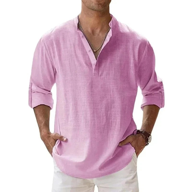 Caleb | Men's Linen Long Sleeve Grandad Collar Shirt