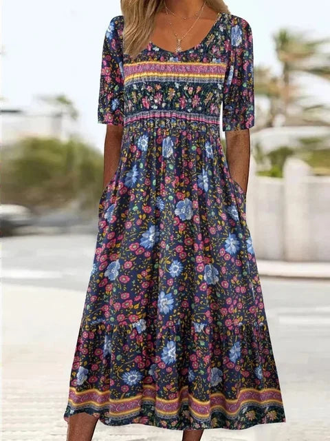 Abigail | Women's Boho Printed Square Neck Short Sleeve Midi Dress