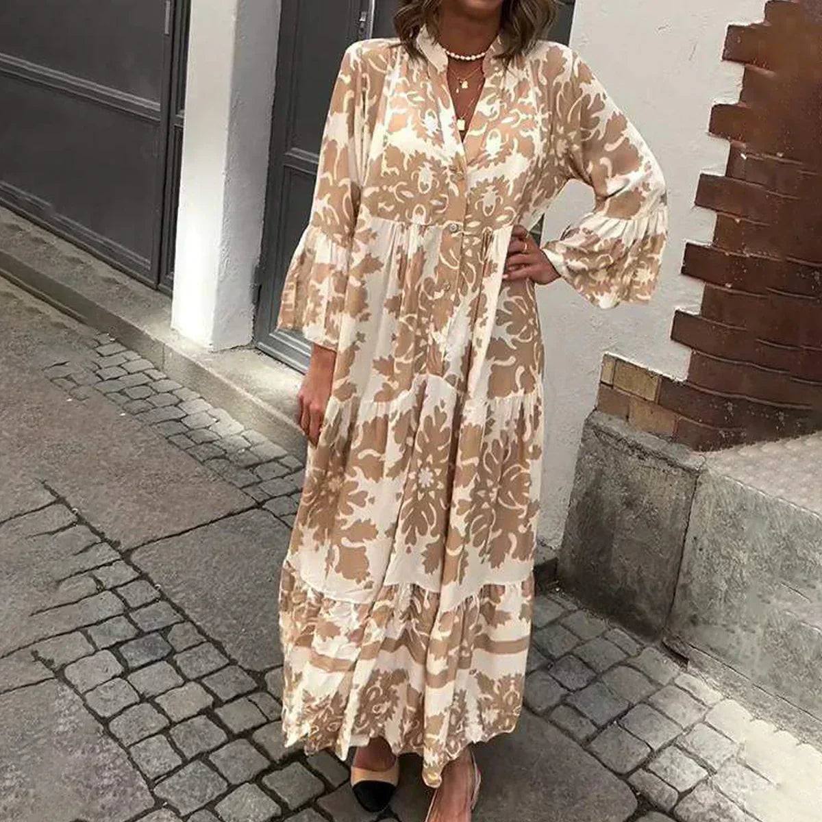 Kate | Women's Boho Printed Long Sleeve Midi Dress