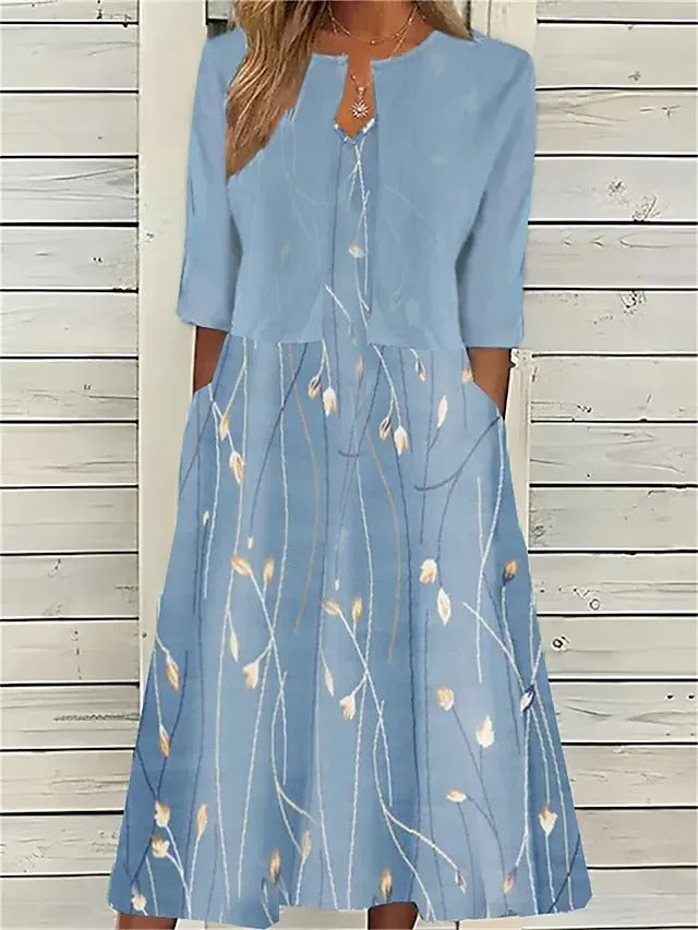 Mia | Floral Midi Dress 3/4 Sleeve Cotton Blend Casual