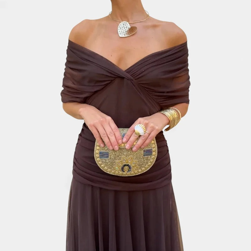 Madison | Chiffon Off-Shoulder Midi Dress Ruched Twist Front