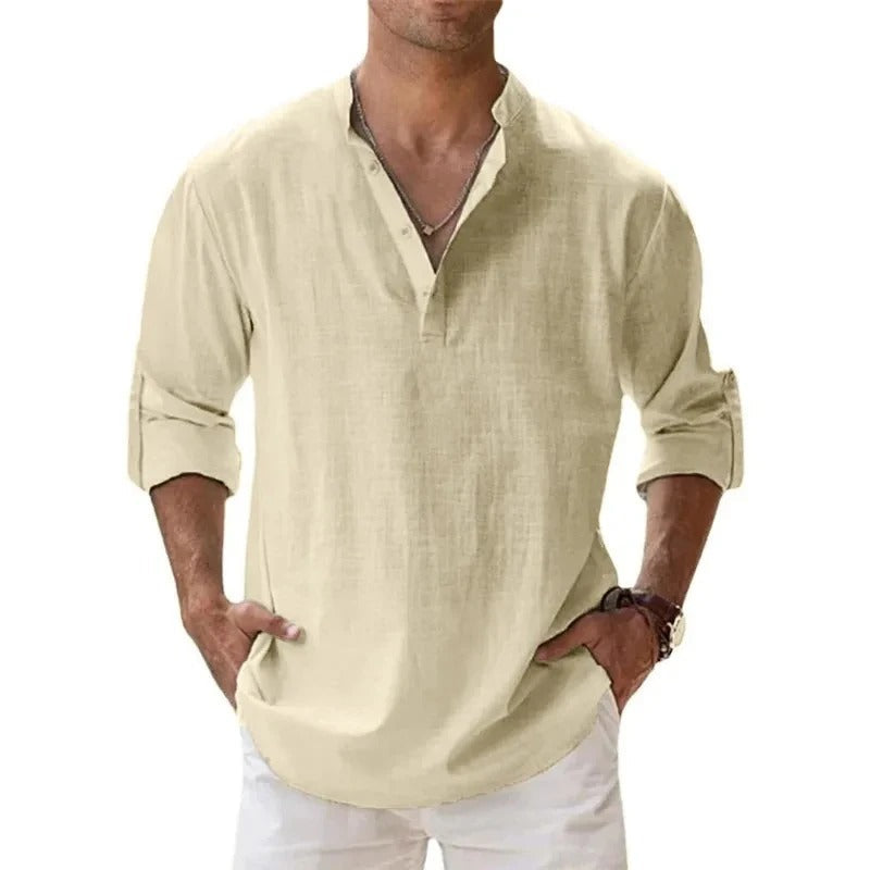 Caleb | Men's Linen Long Sleeve Grandad Collar Shirt