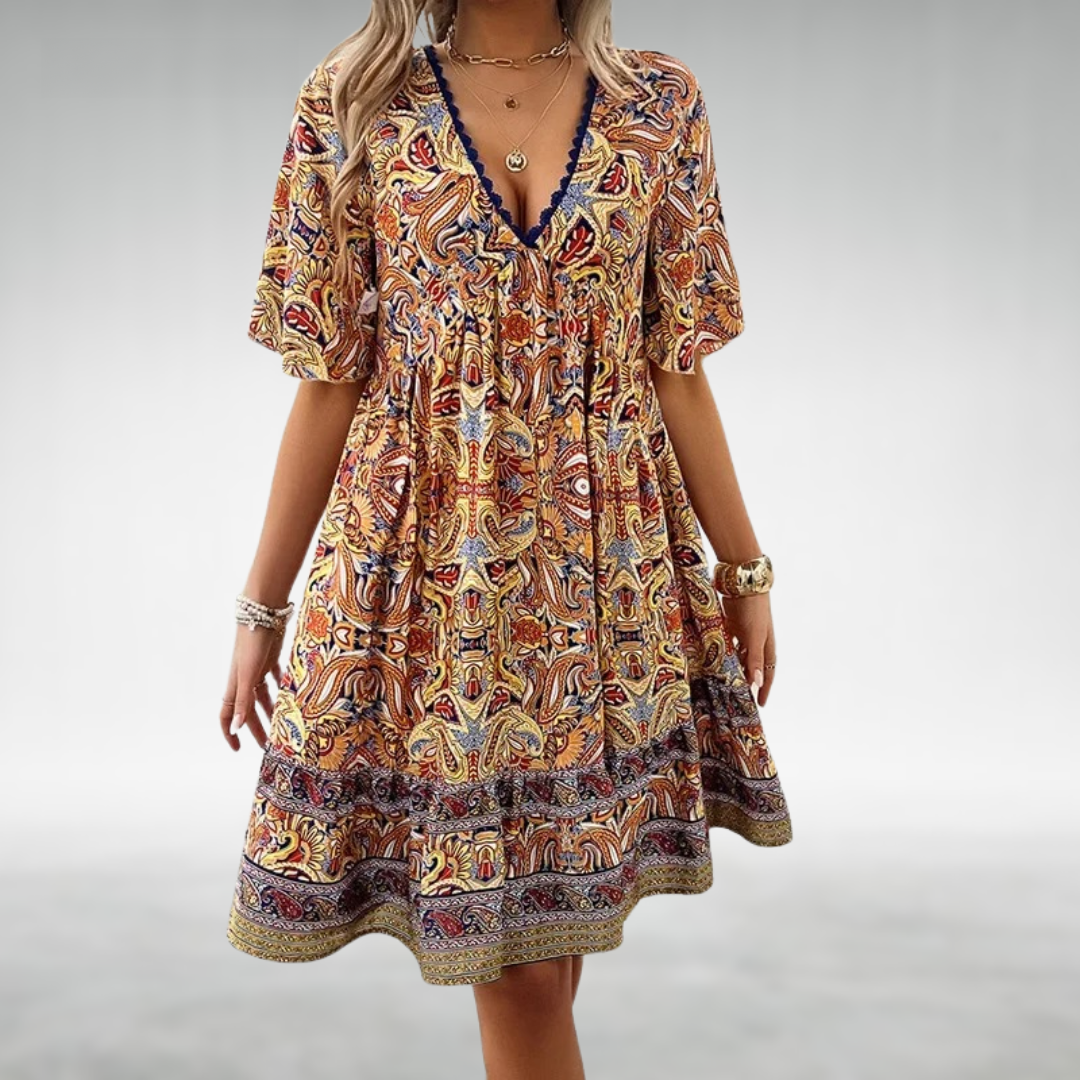Mabel | Women's Boho Printed V Neck Mini Dress
