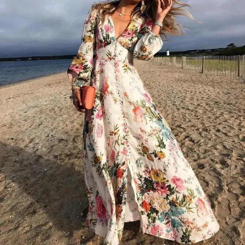 Evelyn | Women’s Boho Floral Long Sleeve Beach Maxi Dress