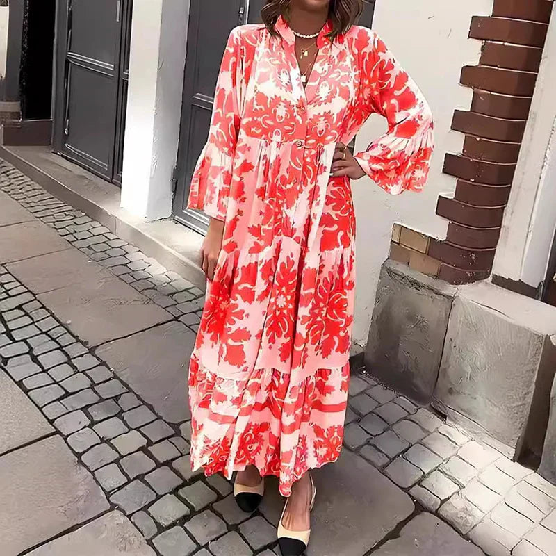 Kate | Women's Boho Printed Long Sleeve Midi Dress