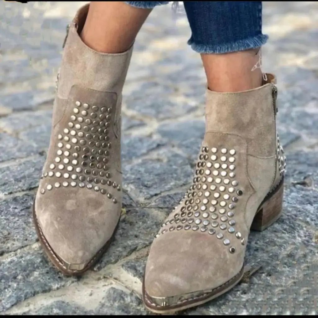 Charlotte | Ankle Boots Studded Pointed Toe Side Zip Chunky Heel