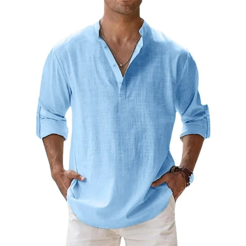 Caleb | Men's Linen Long Sleeve Grandad Collar Shirt