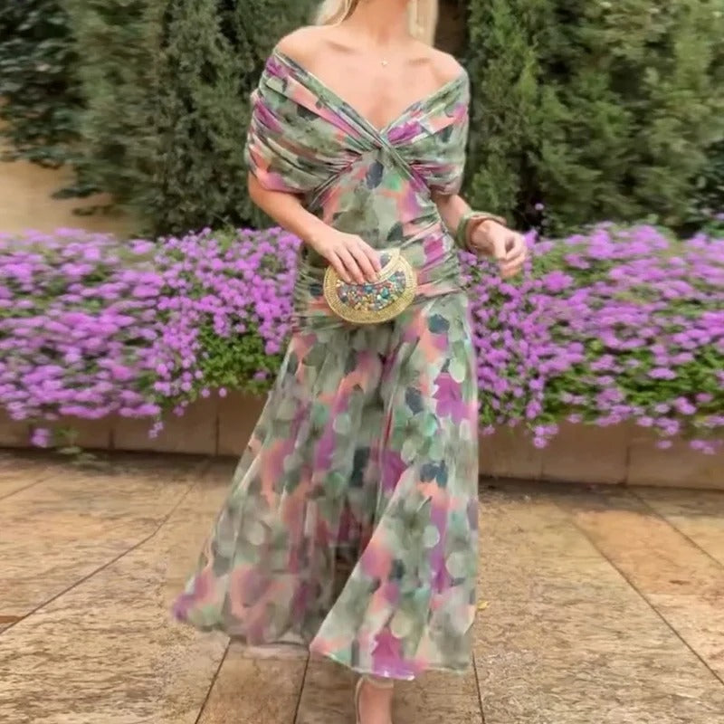 Madison | Chiffon Off-Shoulder Midi Dress Ruched Twist Front