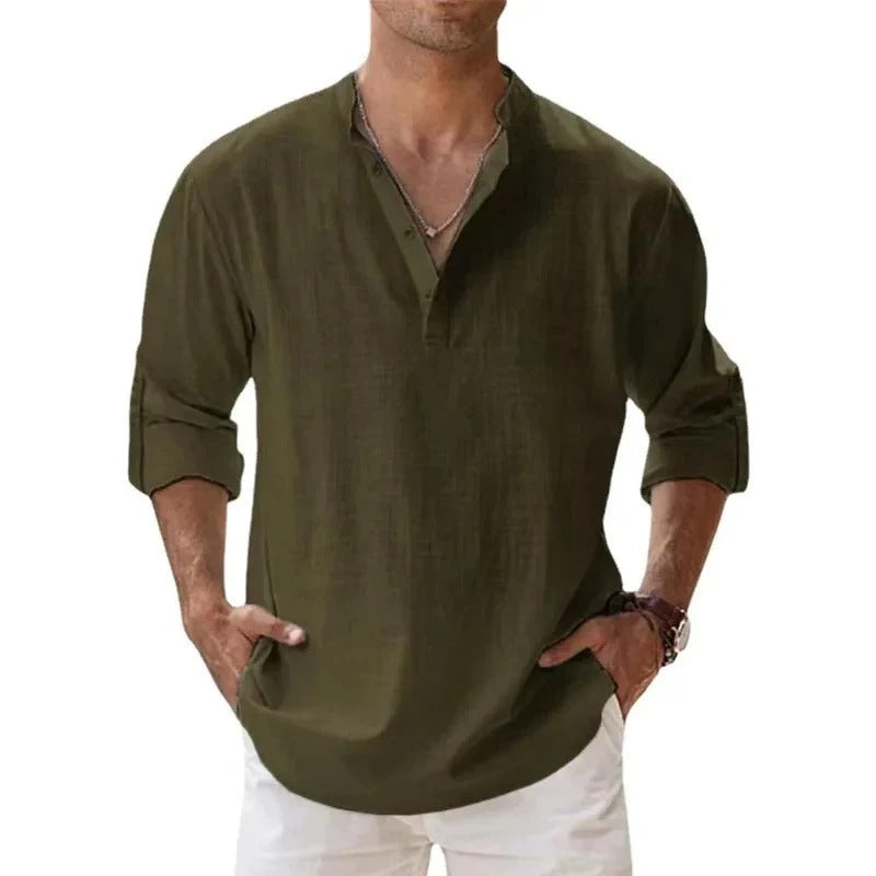Caleb | Men's Linen Long Sleeve Grandad Collar Shirt