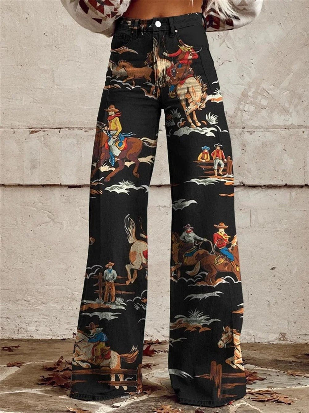 Grace | Denim Western Print High-Waist Wide-Leg Pants