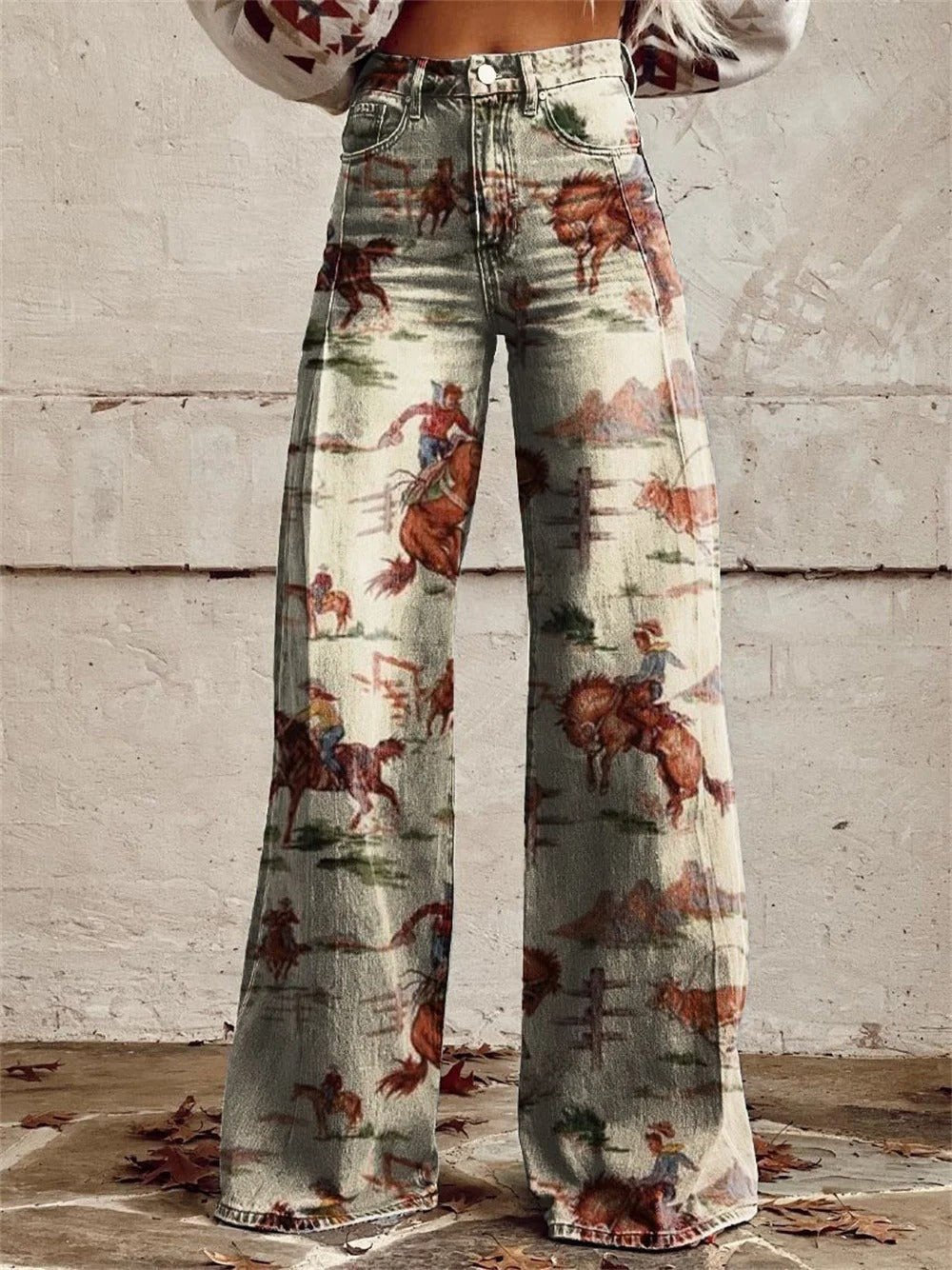 Grace | Denim Western Print High-Waist Wide-Leg Pants